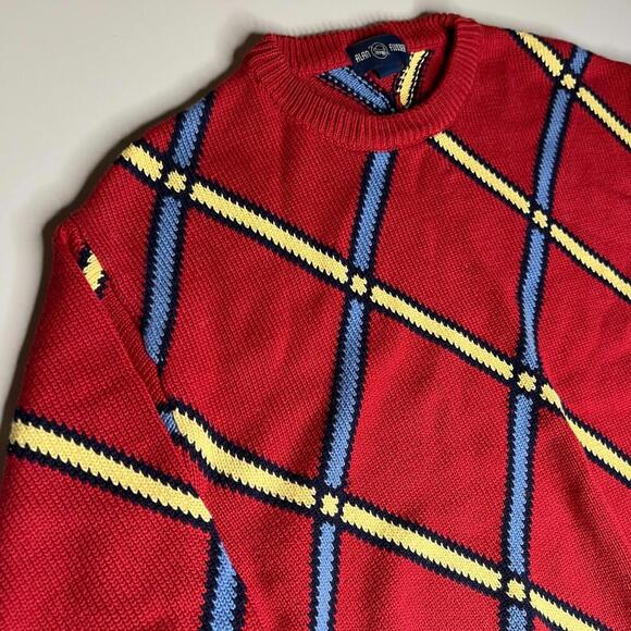 Vintage Alan Flusser Sweater Men’s L Red Knit Pullover 90s Geometric Argyle Patt - Picture 5 of 5
